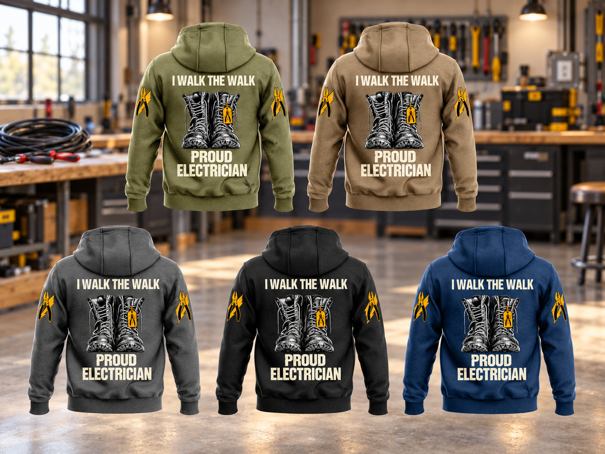 Five complete back views of the Electrician Proud Walk Vintage Hoodie in Military Green, Kaki, Dark Gray, Black and Dark Blue, arranged at an organized electrical workbench with disconnected cable and tools at rest.