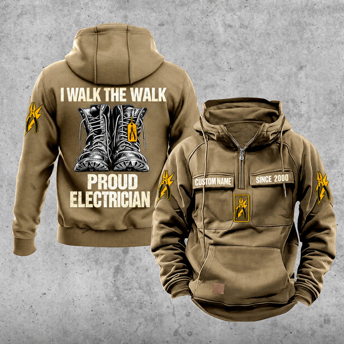 Electrician Proud Walk Vintage Hoodie in Kaki, front and back views with sample text CUSTOM NAME and SINCE 2000, boots pride back artwork and pliers-and-lightning sleeve icons.