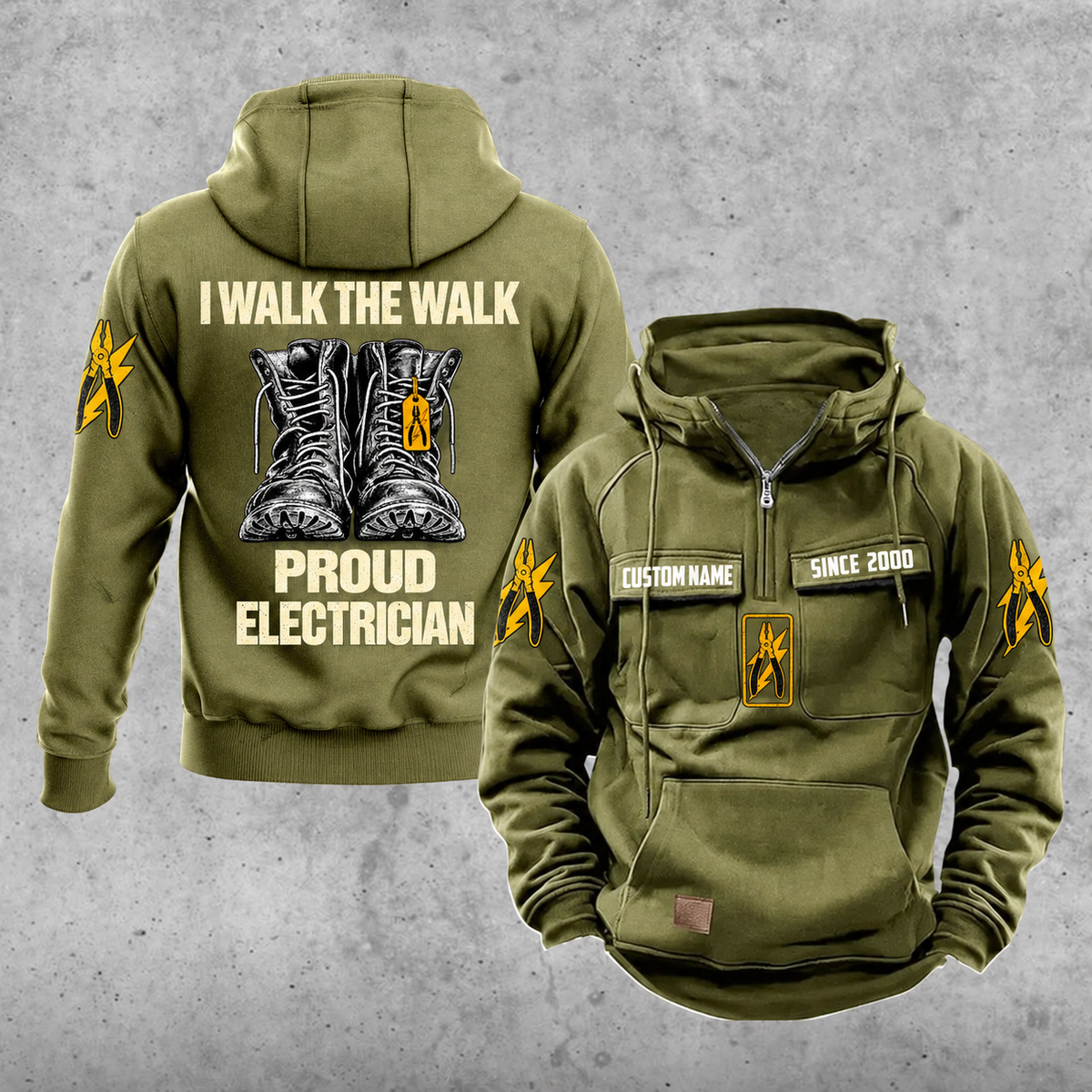 Electrician Proud Walk Vintage Hoodie in Military Green, front and back views with sample text CUSTOM NAME and SINCE 2000, boots pride back artwork and pliers-and-lightning sleeve icons.
