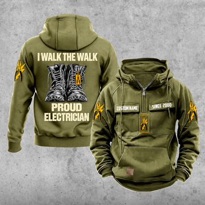 Electrician Proud Walk Vintage Hoodie in Military Green, front and back views with sample text CUSTOM NAME and SINCE 2000, boots pride back artwork and pliers-and-lightning sleeve icons.