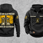 Electrician Once and Always Vintage Hoodie in Black, front and back views with sample text CUSTOM NAME and SINCE 2000, boots and circuit-panel back artwork, and plain lower-front pouch.