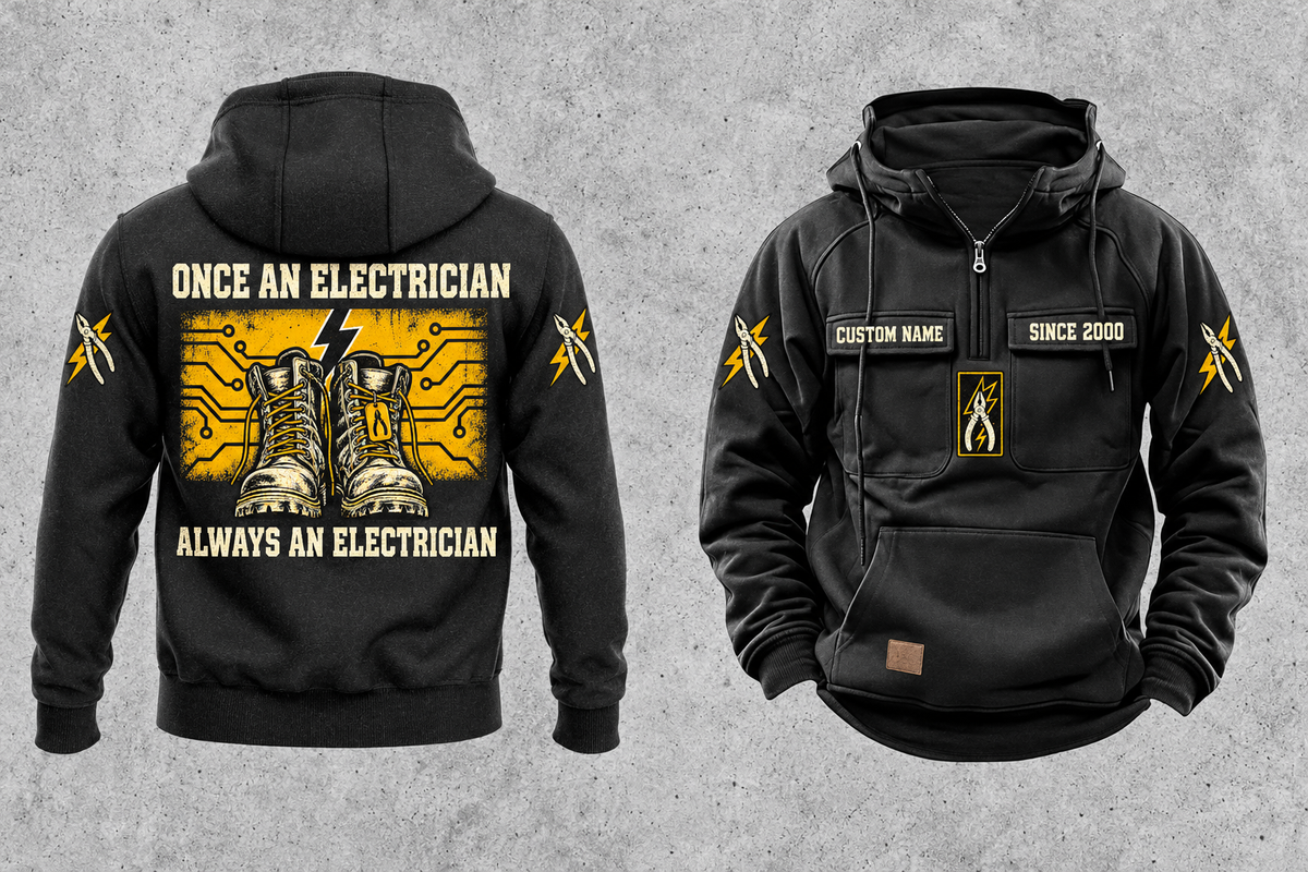 Electrician Once and Always Vintage Hoodie in Black, front and back views with sample text CUSTOM NAME and SINCE 2000, boots and circuit-panel back artwork, and plain lower-front pouch.