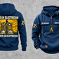 Electrician Once and Always Vintage Hoodie in Dark Blue, front and back views with sample text CUSTOM NAME and SINCE 2000, boots and circuit-panel back artwork, and plain lower-front pouch.