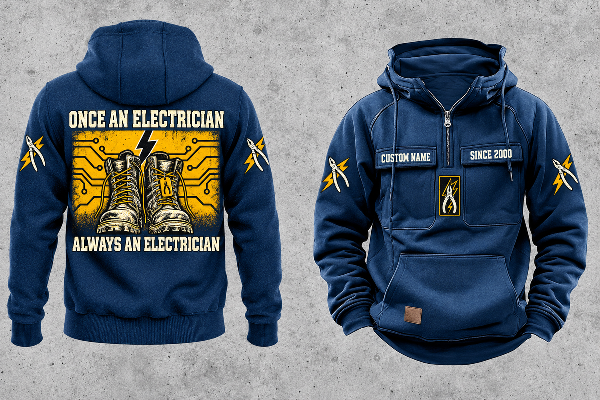 Electrician Once and Always Vintage Hoodie in Dark Blue, front and back views with sample text CUSTOM NAME and SINCE 2000, boots and circuit-panel back artwork, and plain lower-front pouch.