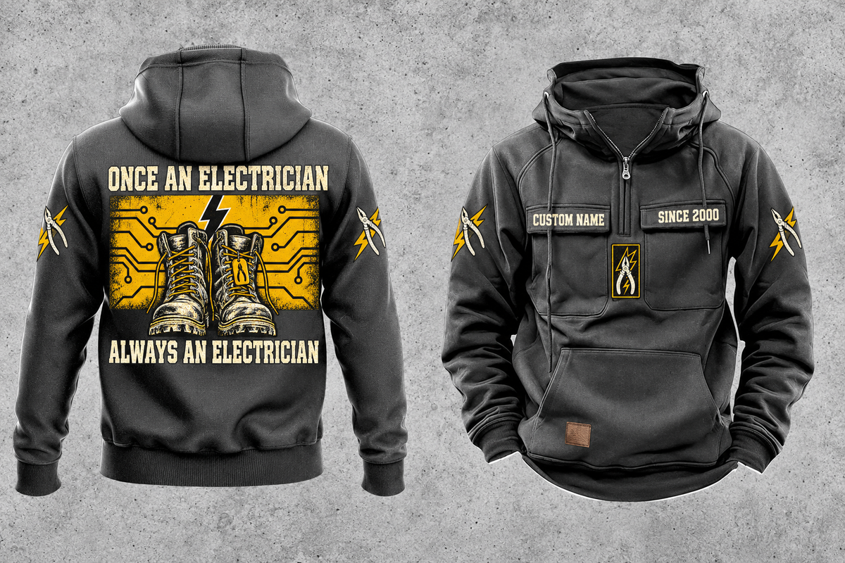 Electrician Once and Always Vintage Hoodie in Dark Gray, front and back views with sample text CUSTOM NAME and SINCE 2000, boots and circuit-panel back artwork, and plain lower-front pouch.