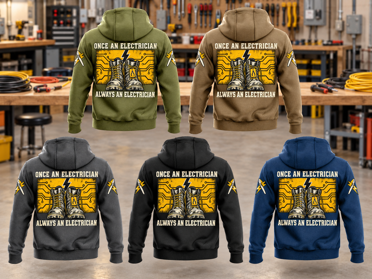 Five complete back views of the Electrician Once and Always Vintage Hoodie in Military Green, Kaki, Dark Gray, Black and Dark Blue, with matching boots and circuit-panel artwork in an organized electrical workshop.