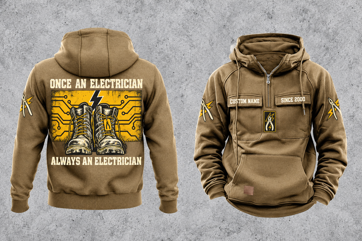 Electrician Once and Always Vintage Hoodie in Kaki, front and back views with sample text CUSTOM NAME and SINCE 2000, boots and circuit-panel back artwork, and plain lower-front pouch.