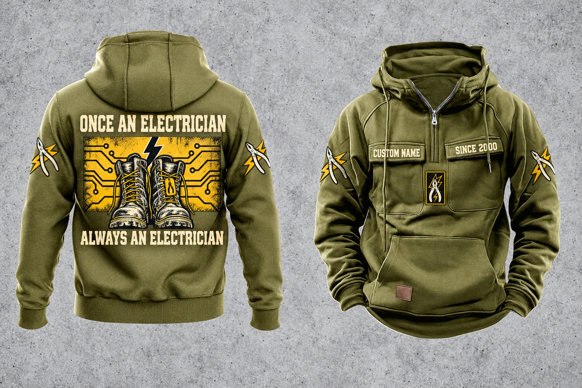 Electrician Once and Always Vintage Hoodie in Military Green, front and back views with sample text CUSTOM NAME and SINCE 2000, boots and circuit-panel back artwork, and plain lower-front pouch.