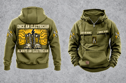 Electrician Once and Always Vintage Hoodie in Military Green, front and back views with sample text CUSTOM NAME and SINCE 2000, boots and circuit-panel back artwork, and plain lower-front pouch.