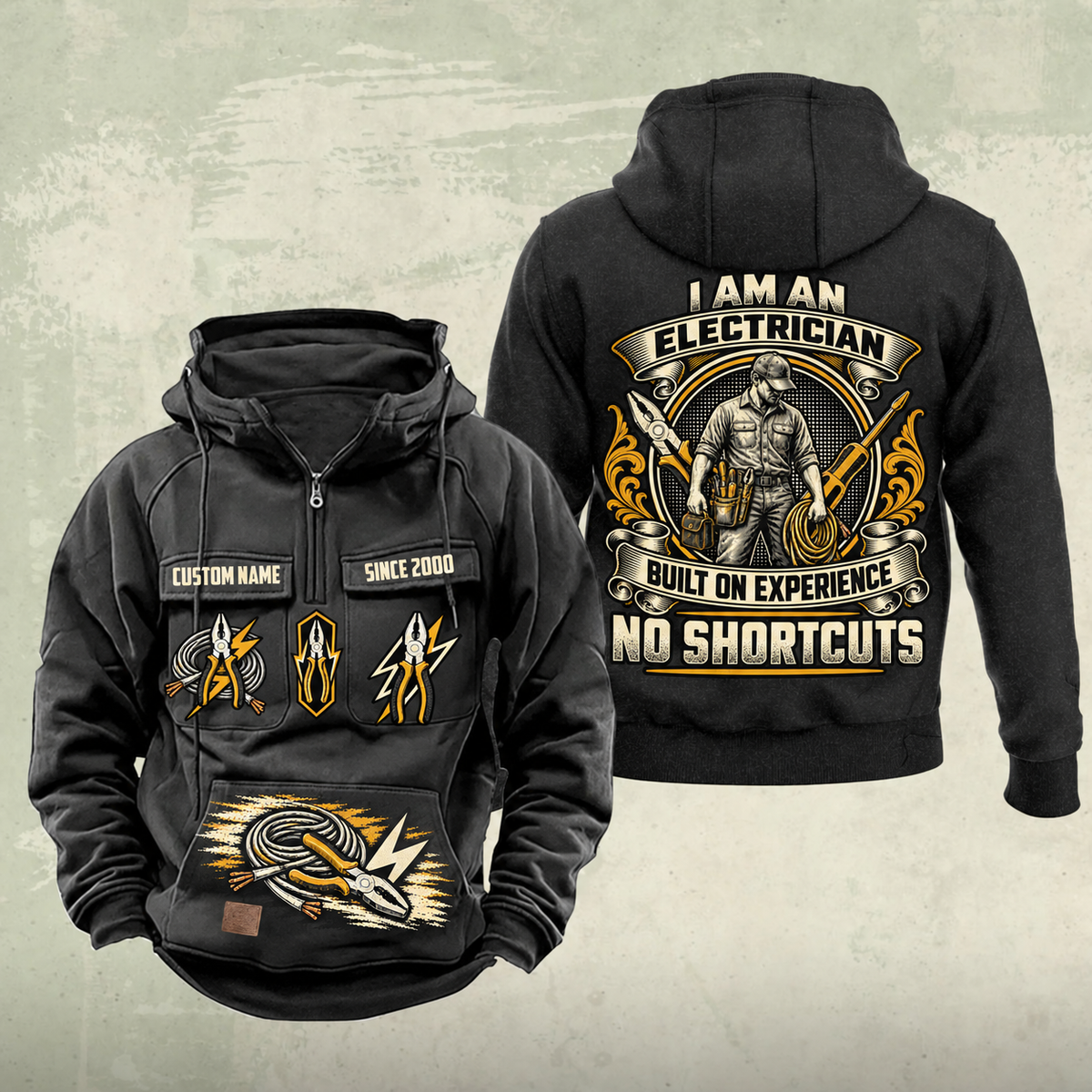 Electrician Heritage Crest Vintage Hoodie in Black, front and back views with sample text CUSTOM NAME and SINCE 2000, electrical tool graphics and an ornate electrician portrait crest.
