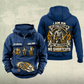 Electrician Heritage Crest Vintage Hoodie in Dark Blue, front and back views with sample text CUSTOM NAME and SINCE 2000, electrical tool graphics and an ornate electrician portrait crest.