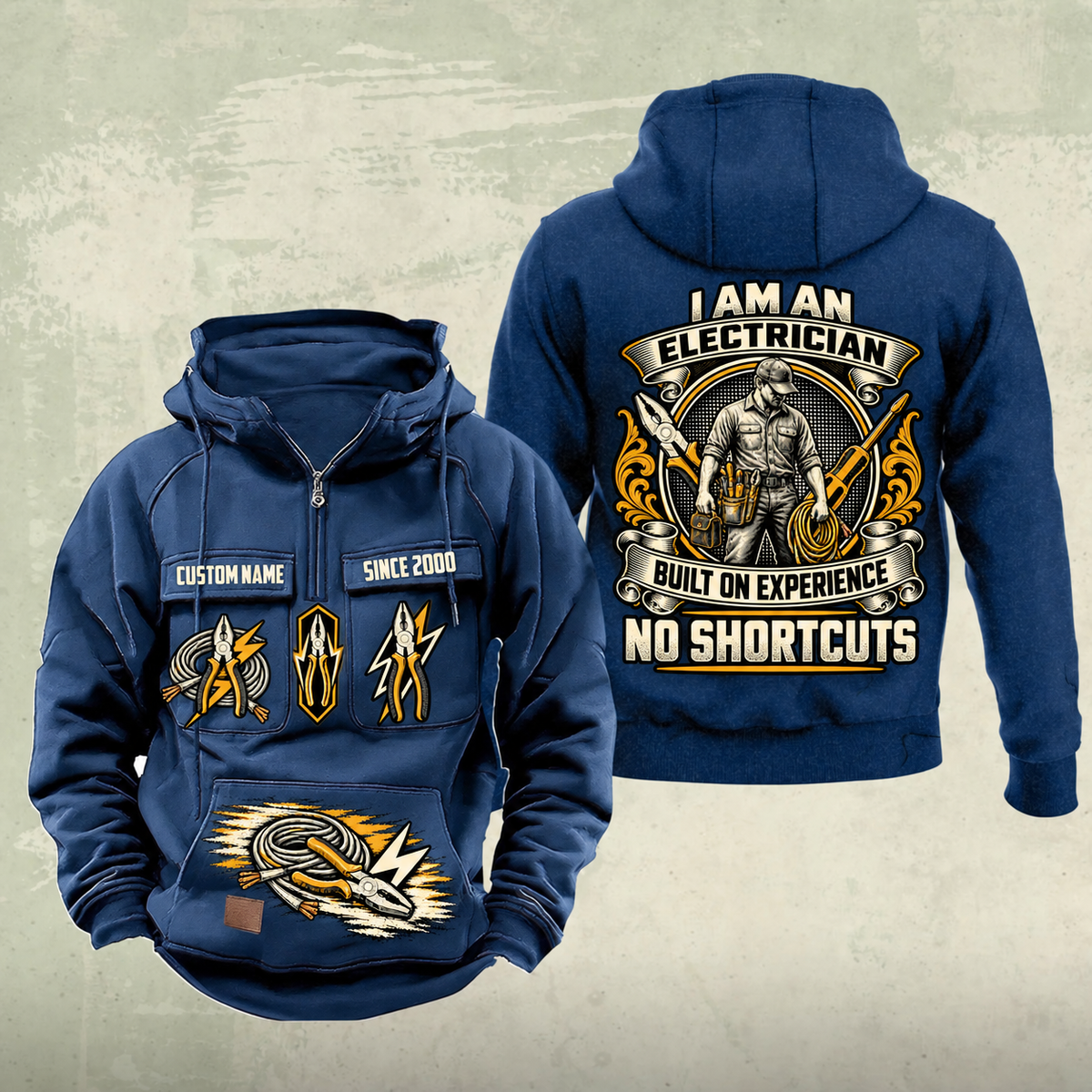 Electrician Heritage Crest Vintage Hoodie in Dark Blue, front and back views with sample text CUSTOM NAME and SINCE 2000, electrical tool graphics and an ornate electrician portrait crest.