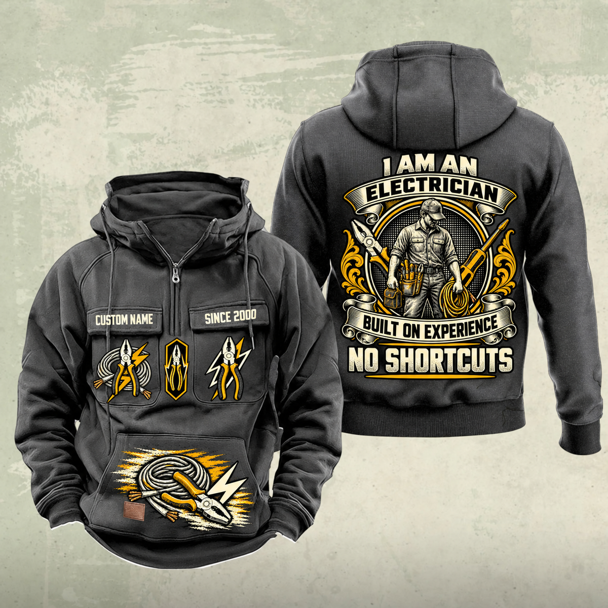 Electrician Heritage Crest Vintage Hoodie in Dark Gray, front and back views with sample text CUSTOM NAME and SINCE 2000, electrical tool graphics and an ornate electrician portrait crest.