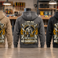 Five complete back views of Electrician Heritage Crest Vintage Hoodies in Military Green, Kaki, Dark Gray, Black and Dark Blue, arranged in an electrical workshop with matching electrician portrait crests.