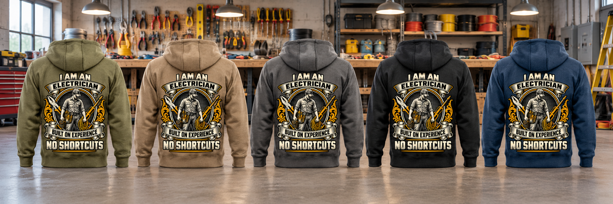 Five complete back views of Electrician Heritage Crest Vintage Hoodies in Military Green, Kaki, Dark Gray, Black and Dark Blue, arranged in an electrical workshop with matching electrician portrait crests.