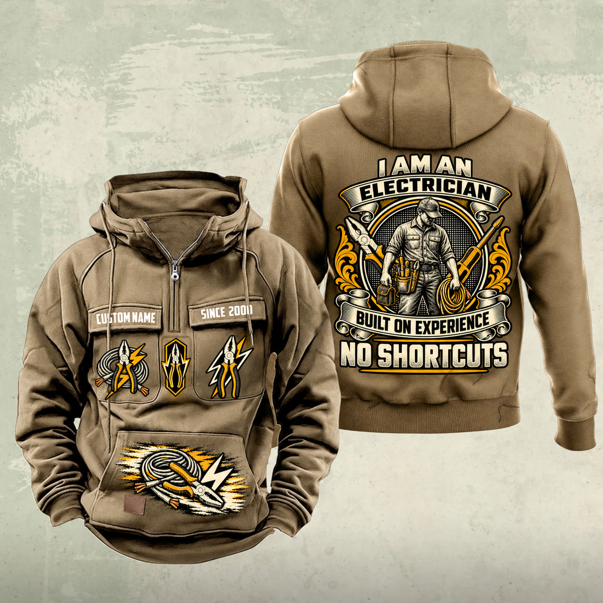 Electrician Heritage Crest Vintage Hoodie in Kaki, front and back views with sample text CUSTOM NAME and SINCE 2000, electrical tool graphics and an ornate electrician portrait crest.