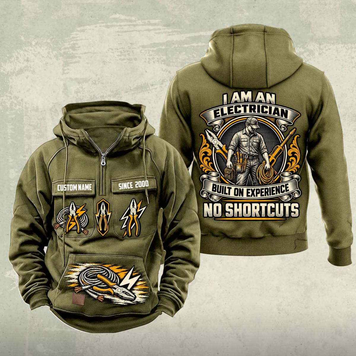 Electrician Heritage Crest Vintage Hoodie in Military Green, front and back views with sample text CUSTOM NAME and SINCE 2000, electrical tool graphics and an ornate electrician portrait crest.