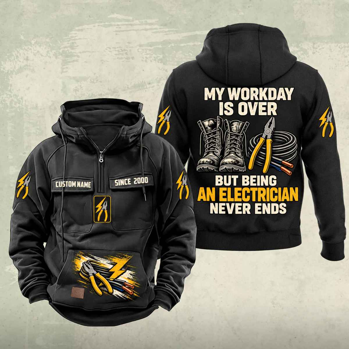 Electrician Never Ends Vintage Hoodie in Black, front and back views with sample text CUSTOM NAME and SINCE 2000.