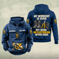 Electrician Never Ends Vintage Hoodie in Dark Blue, front and back views with sample text CUSTOM NAME and SINCE 2000.