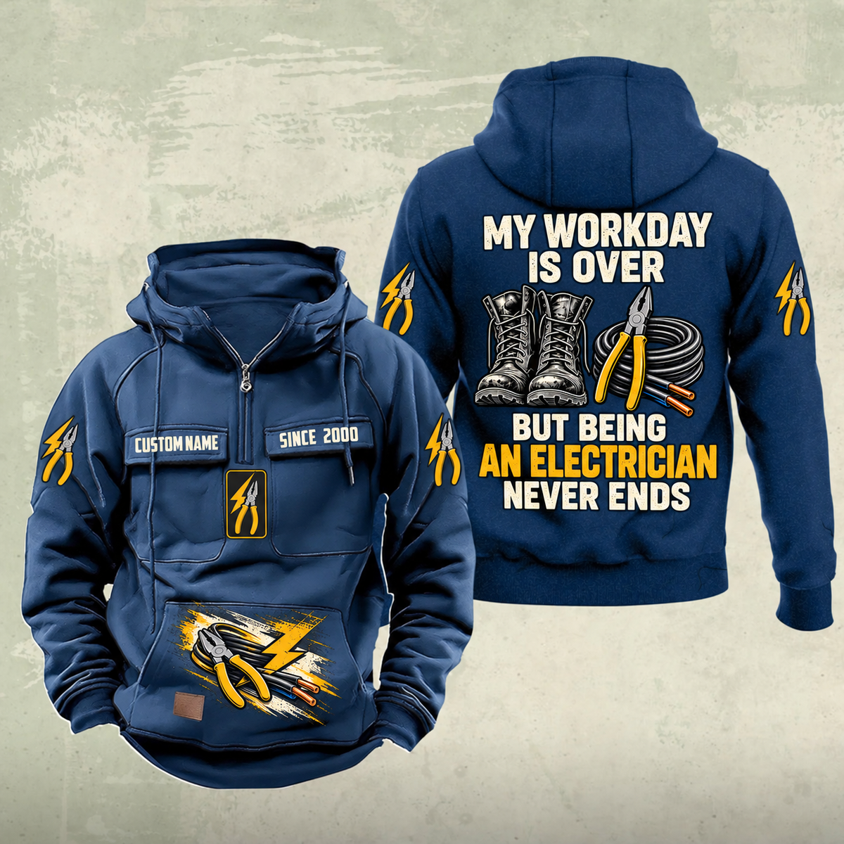 Electrician Never Ends Vintage Hoodie in Dark Blue, front and back views with sample text CUSTOM NAME and SINCE 2000.
