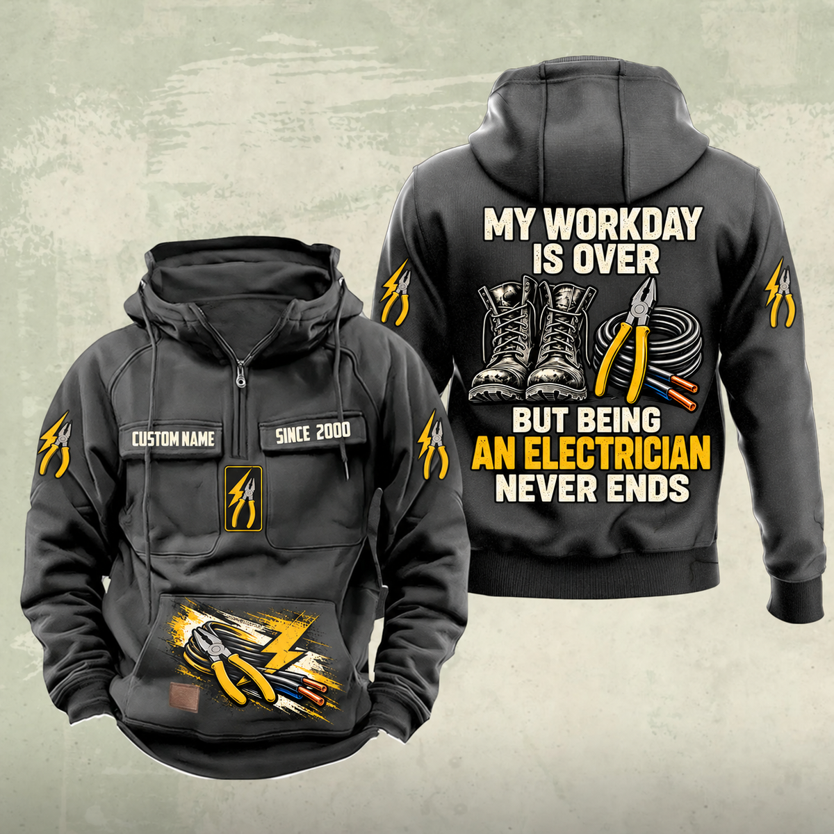 Electrician Never Ends Vintage Hoodie in Dark Gray, front and back views with sample text CUSTOM NAME and SINCE 2000.
