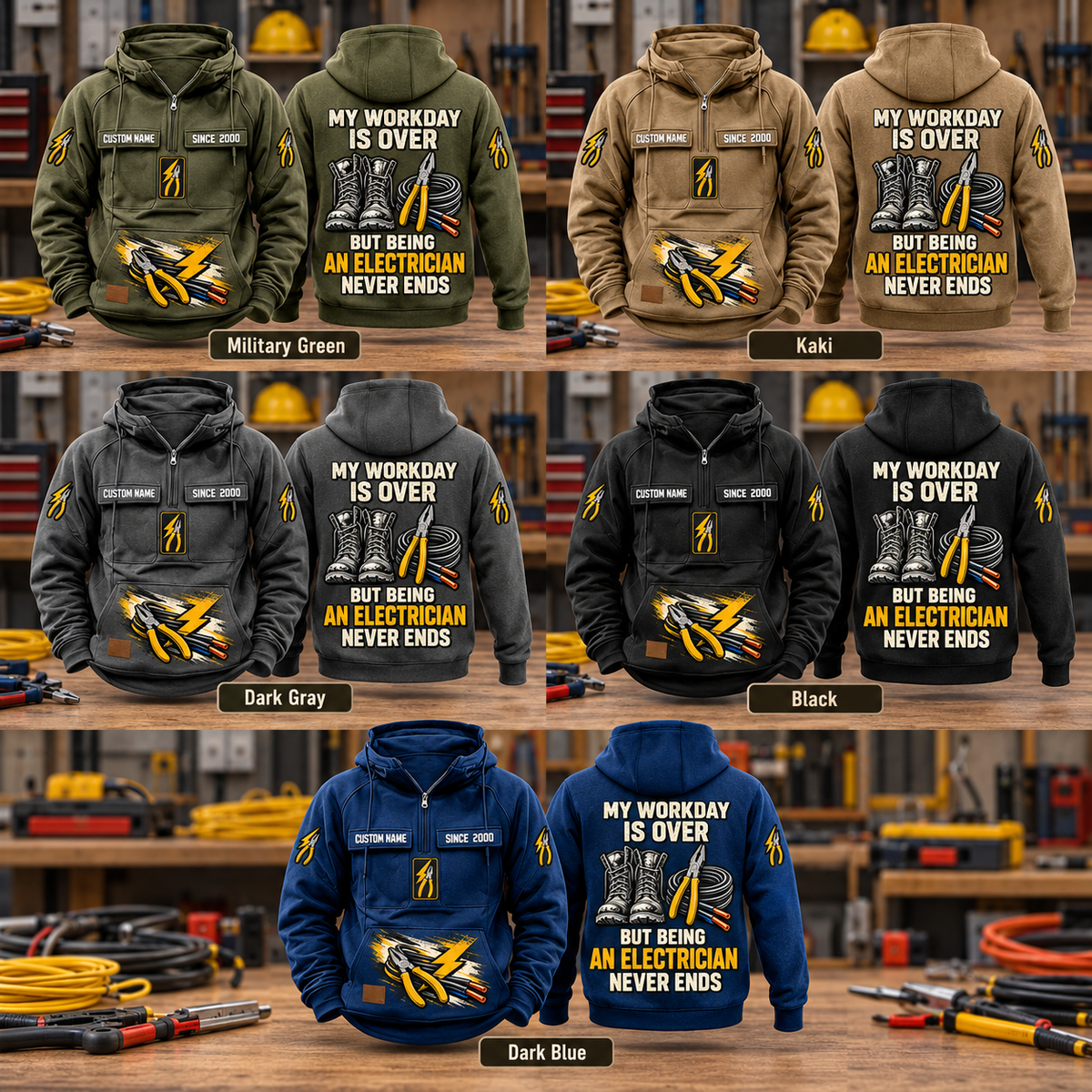 Electrician Never Ends Vintage Hoodie in all five colors, with front and back views in an organized electrical workshop setting.