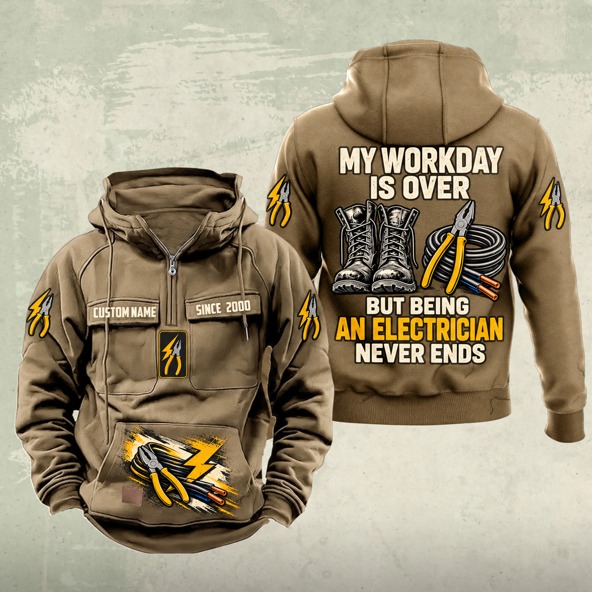 Electrician Never Ends Vintage Hoodie in Kaki, front and back views with sample text CUSTOM NAME and SINCE 2000.