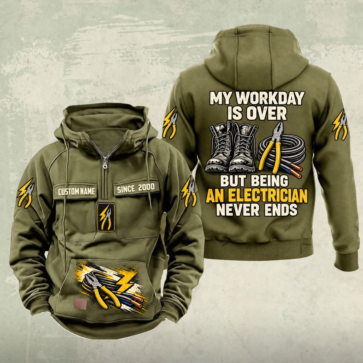 Electrician Never Ends Vintage Hoodie in Military Green, front and back views with sample text CUSTOM NAME and SINCE 2000.