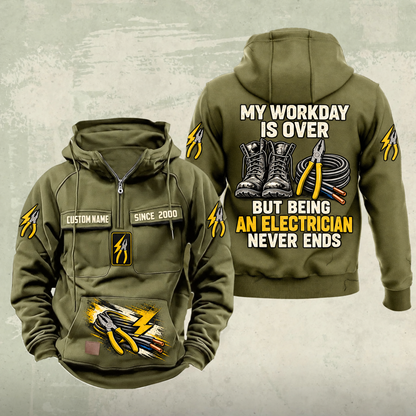 Electrician Never Ends Vintage Hoodie in Military Green, front and back views with sample text CUSTOM NAME and SINCE 2000.