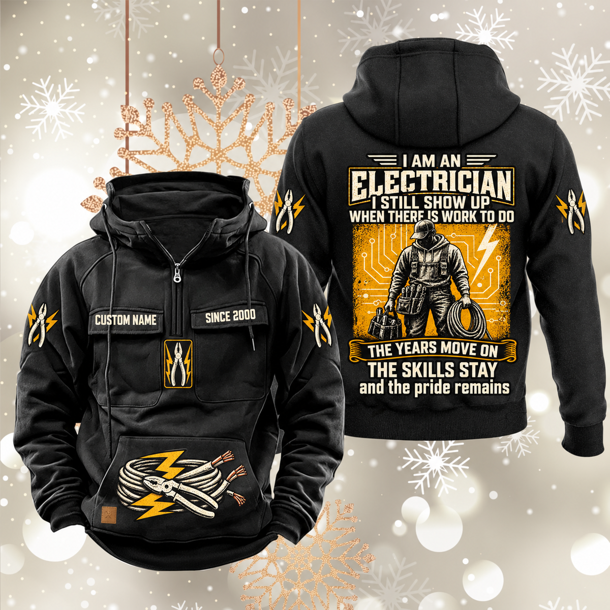 Electrician Skills and Pride Vintage Hoodie in Black, front and back views with sample text CUSTOM NAME and SINCE 2000, pliers and cable motifs, and standing electrician portrait.