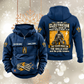 Electrician Skills and Pride Vintage Hoodie in Dark Blue, front and back views with sample text CUSTOM NAME and SINCE 2000, pliers and cable motifs, and standing electrician portrait.