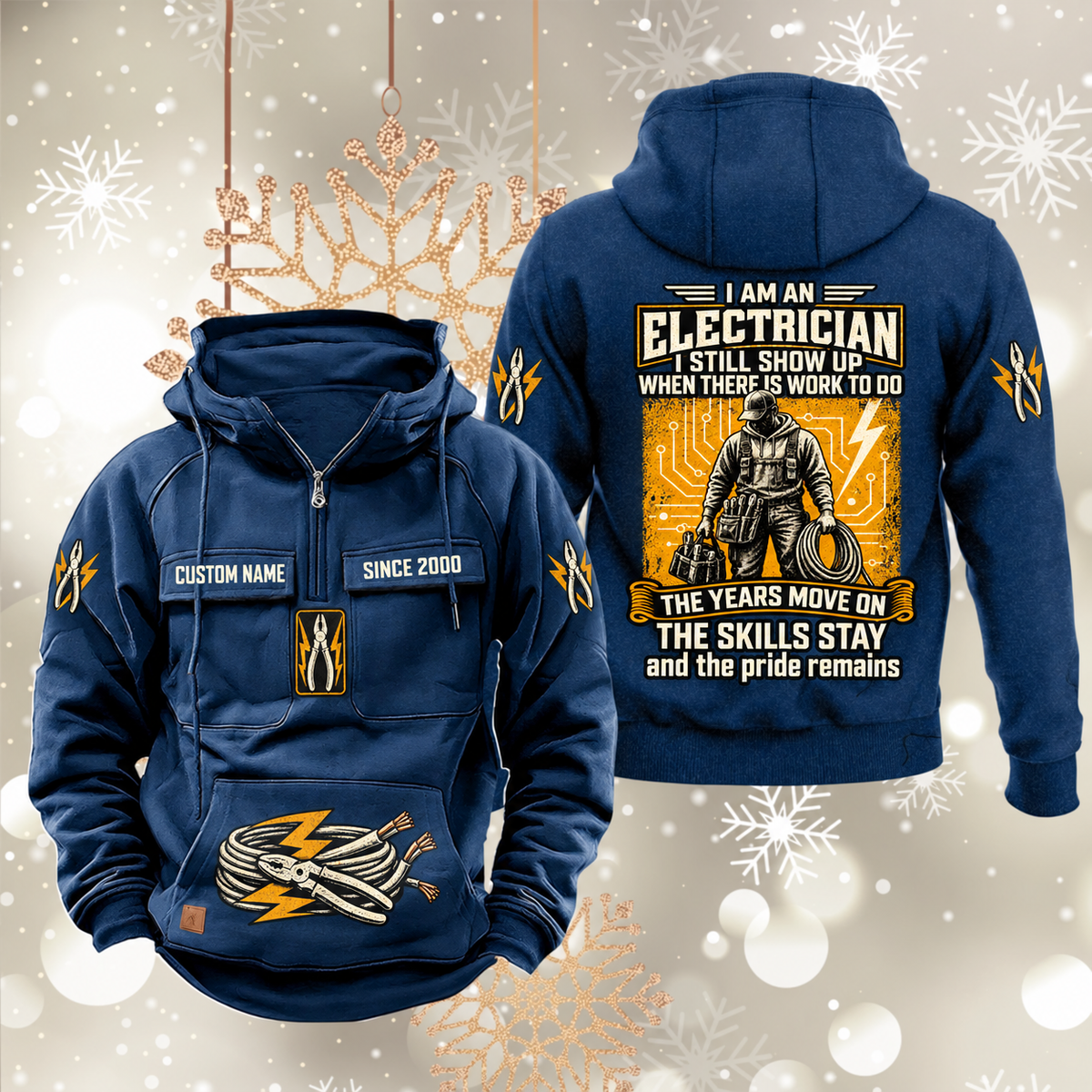 Electrician Skills and Pride Vintage Hoodie in Dark Blue, front and back views with sample text CUSTOM NAME and SINCE 2000, pliers and cable motifs, and standing electrician portrait.