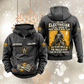 Electrician Skills and Pride Vintage Hoodie in Dark Gray, front and back views with sample text CUSTOM NAME and SINCE 2000, pliers and cable motifs, and standing electrician portrait.