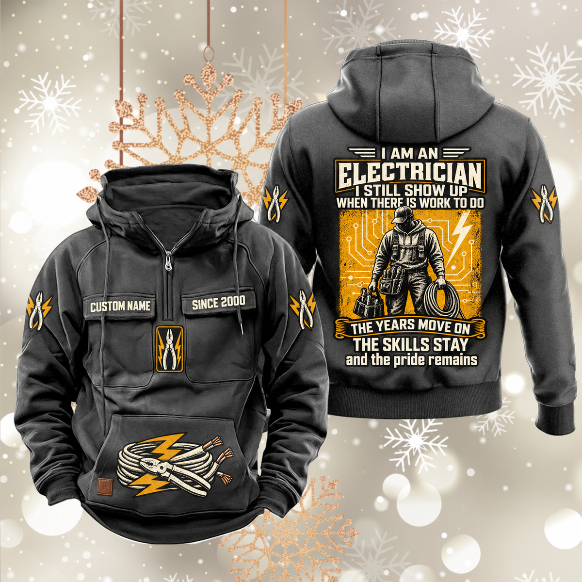 Electrician Skills and Pride Vintage Hoodie in Dark Gray, front and back views with sample text CUSTOM NAME and SINCE 2000, pliers and cable motifs, and standing electrician portrait.