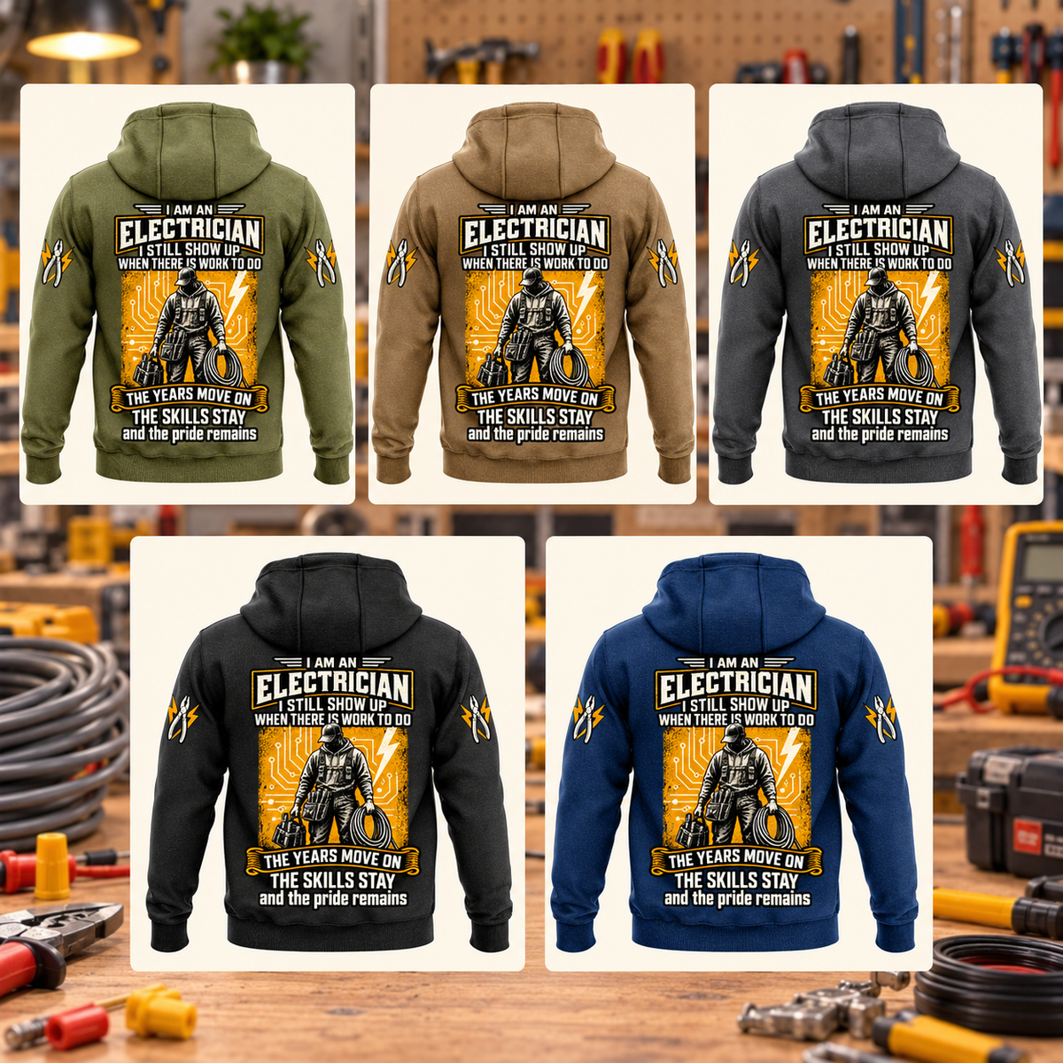 Electrician Skills and Pride Vintage Hoodie in Military Green, Kaki, Dark Gray, Black and Dark Blue, five complete back views in separate cream tiles against an electrical workbench background.