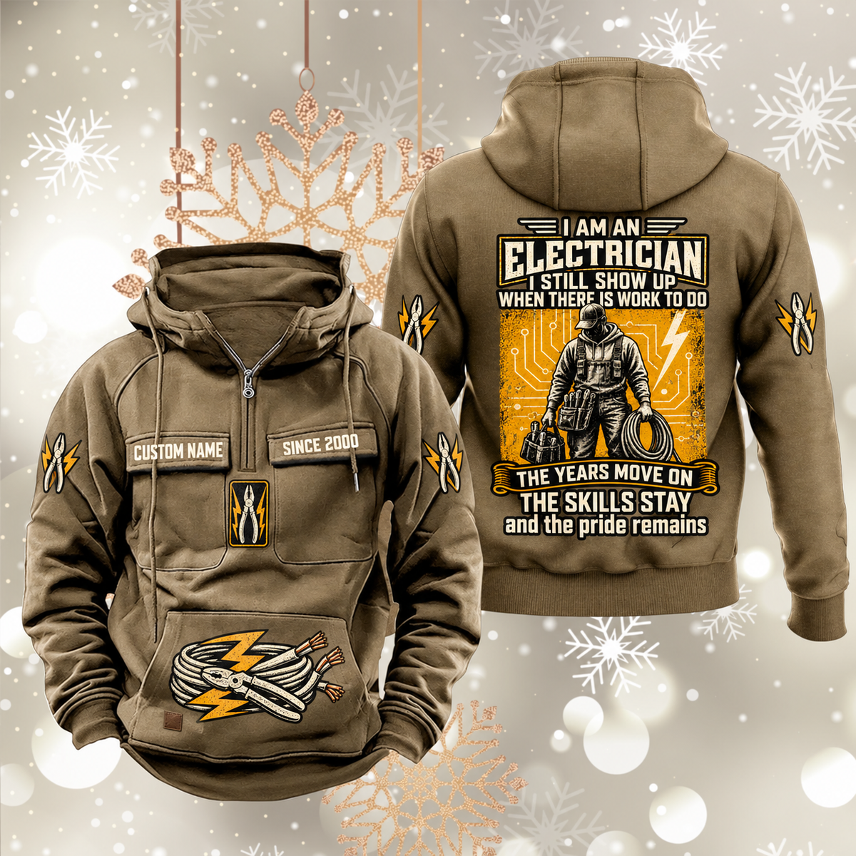 Electrician Skills and Pride Vintage Hoodie in Kaki, front and back views with sample text CUSTOM NAME and SINCE 2000, pliers and cable motifs, and standing electrician portrait.