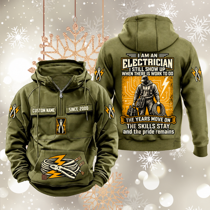 Electrician Skills and Pride Vintage Hoodie in Military Green, front and back views with sample text CUSTOM NAME and SINCE 2000, pliers and cable motifs, and standing electrician portrait.