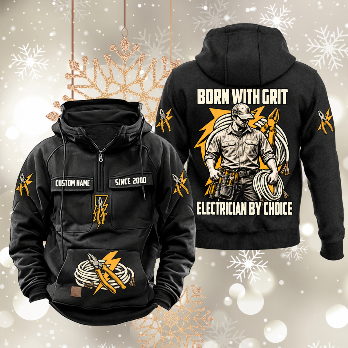 Electrician By Choice Vintage Hoodie in Black, front and back views with sample text CUSTOM NAME and SINCE 2000, electrician portrait, cable coil, pliers and lightning-bolt artwork.
