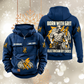 Electrician By Choice Vintage Hoodie in Dark Blue, front and back views with sample text CUSTOM NAME and SINCE 2000, electrician portrait, cable coil, pliers and lightning-bolt artwork.