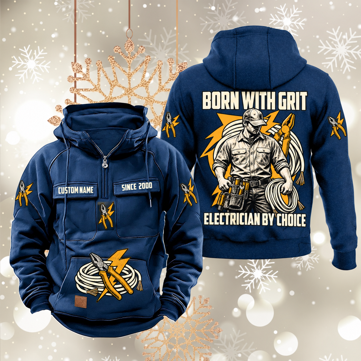 Electrician By Choice Vintage Hoodie in Dark Blue, front and back views with sample text CUSTOM NAME and SINCE 2000, electrician portrait, cable coil, pliers and lightning-bolt artwork.
