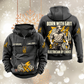 Electrician By Choice Vintage Hoodie in Dark Gray, front and back views with sample text CUSTOM NAME and SINCE 2000, electrician portrait, cable coil, pliers and lightning-bolt artwork.