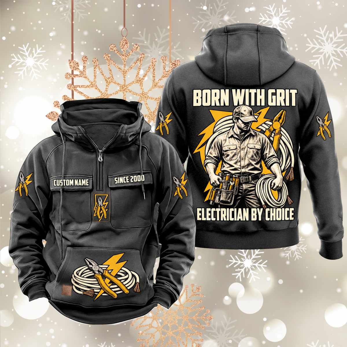 Electrician By Choice Vintage Hoodie in Dark Gray, front and back views with sample text CUSTOM NAME and SINCE 2000, electrician portrait, cable coil, pliers and lightning-bolt artwork.