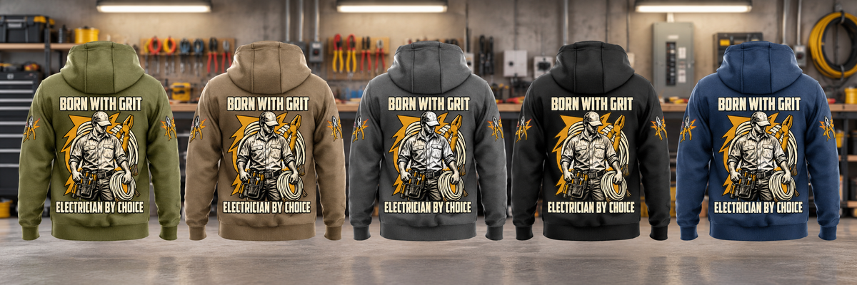Five complete back views of the Electrician By Choice Vintage Hoodie in Military Green, Kaki, Dark Gray, Black and Dark Blue, arranged separately in an organized electrical workshop.