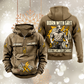 Electrician By Choice Vintage Hoodie in Kaki, front and back views with sample text CUSTOM NAME and SINCE 2000, electrician portrait, cable coil, pliers and lightning-bolt artwork.