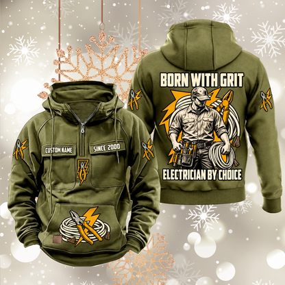 Electrician By Choice Vintage Hoodie in Military Green, front and back views with sample text CUSTOM NAME and SINCE 2000, electrician portrait, cable coil, pliers and lightning-bolt artwork.