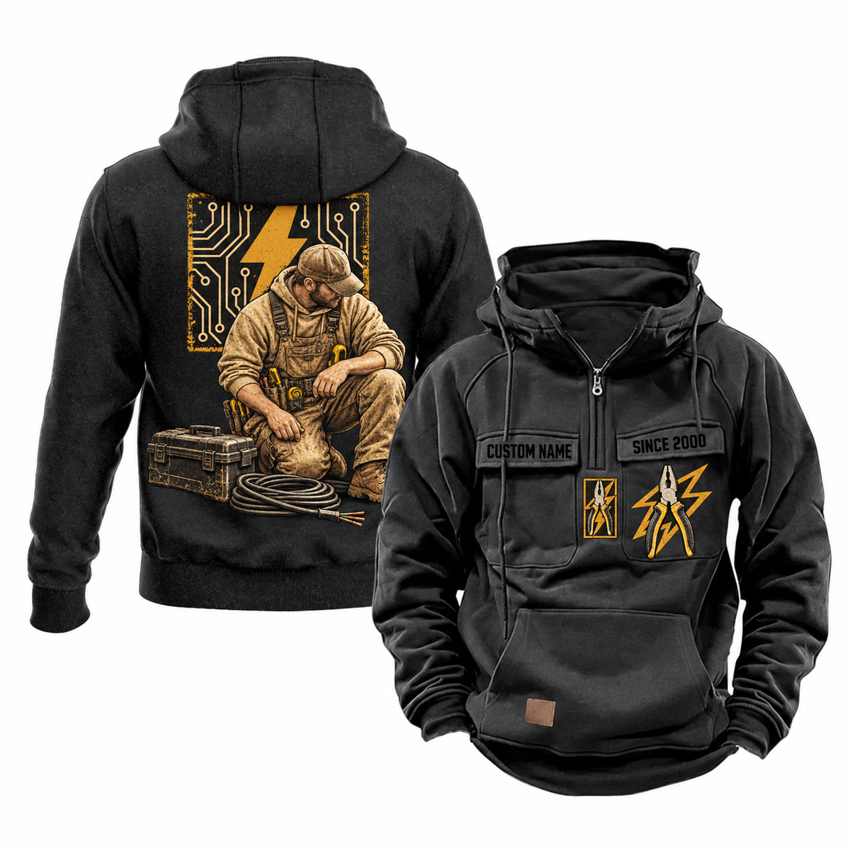 Electrician Ready Every Day Portrait Vintage Hoodie in Black, front and back views with sample text CUSTOM NAME and SINCE 2000, pliers and lightning chest emblems, and kneeling electrician back artwork.