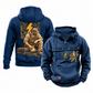 Electrician Ready Every Day Portrait Vintage Hoodie in Dark Blue, front and back views with sample text CUSTOM NAME and SINCE 2000, pliers and lightning chest emblems, and kneeling electrician back artwork.
