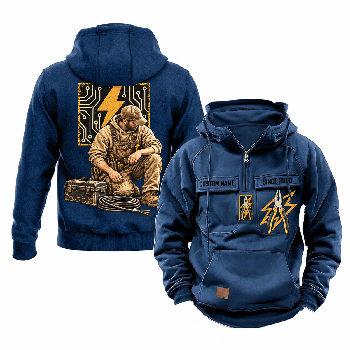 Electrician Ready Every Day Portrait Vintage Hoodie in Dark Blue, front and back views with sample text CUSTOM NAME and SINCE 2000, pliers and lightning chest emblems, and kneeling electrician back artwork.