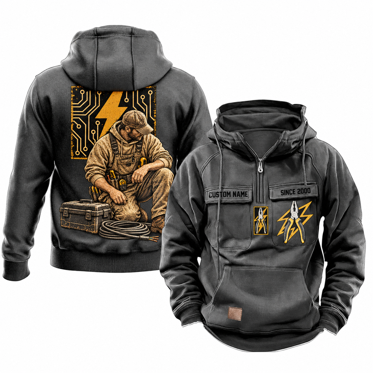 Electrician Ready Every Day Portrait Vintage Hoodie in Dark Gray, front and back views with sample text CUSTOM NAME and SINCE 2000, pliers and lightning chest emblems, and kneeling electrician back artwork.
