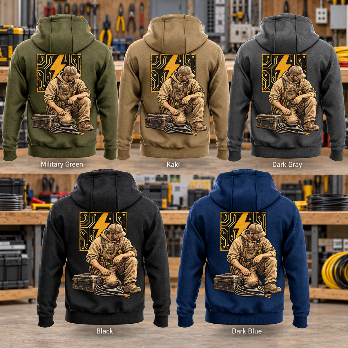 Five complete back views of the Electrician Ready Every Day Portrait Vintage Hoodie in Military Green, Kaki, Dark Gray, Black and Dark Blue, displayed against an organized electrical workbench.